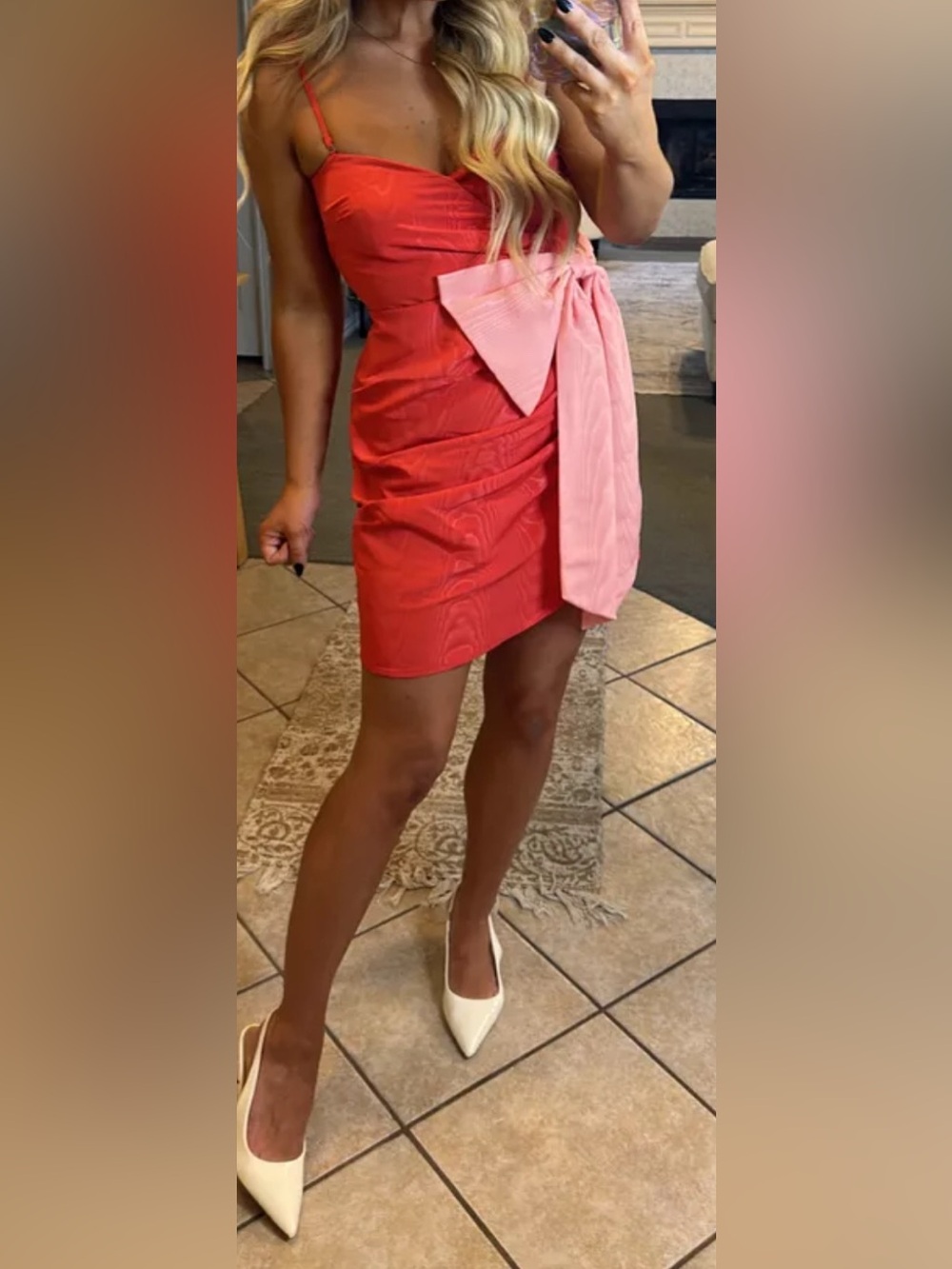 a new day Coral Red Ruched Mini Skirt with Pink Bow Accent